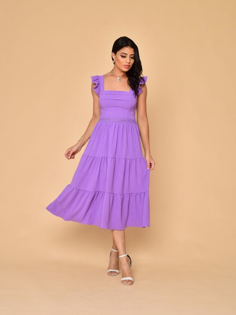 Vestido midi duna  com babada na manga renda na cintura 0014