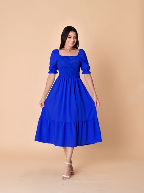Vestido midi liso crepinho lastex manga curto 1942