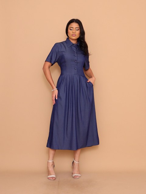 Vestido midi chambray  com bolsa botão manga curto 2220