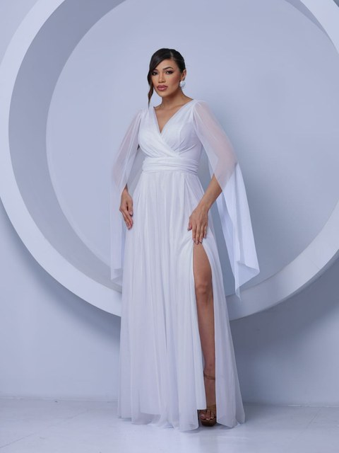 Vestido longo de festa tule forrado madrinha fenda 1350