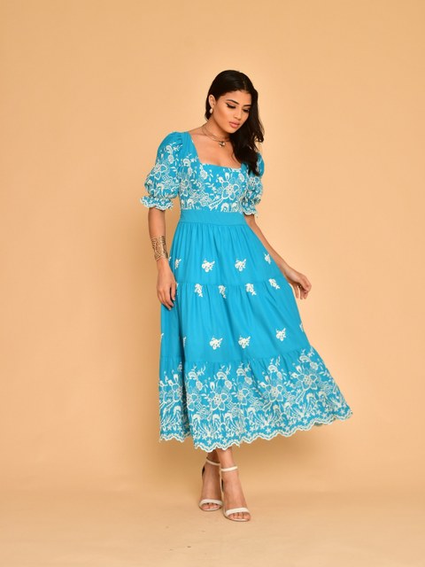 vestido midi luxo lese algodão bordado manga curto 3119