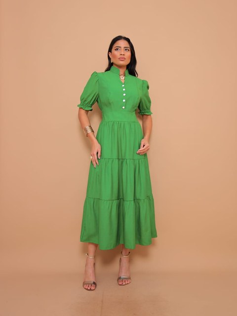 Vestido midi elegante Sensorial algodão manga curto 11244