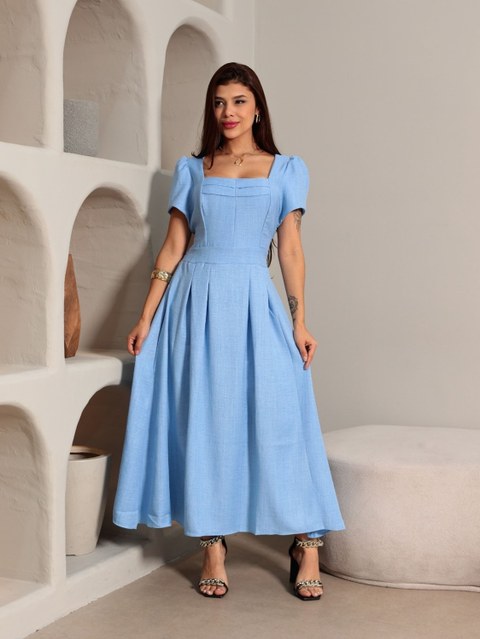 Vestido midi duna linho elegante manga curto 3093