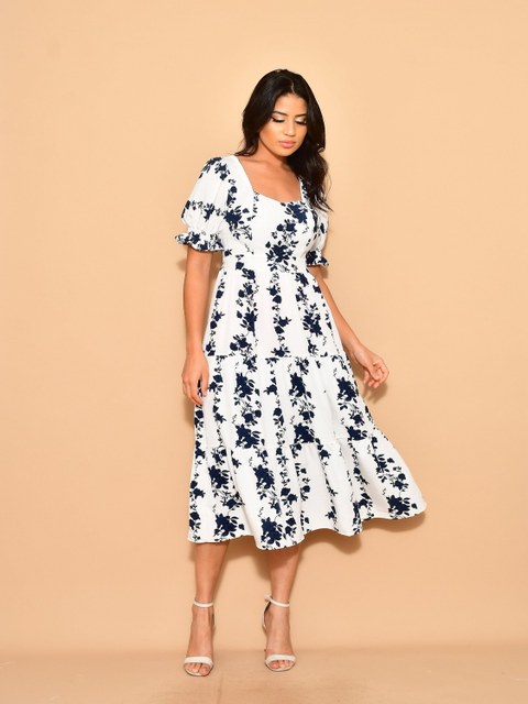Vestido midi elegante estampada crepinho manga curto 3112