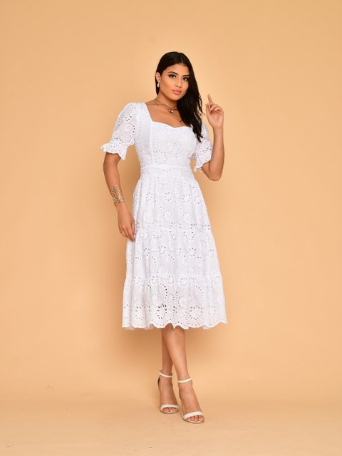 Vestido midi lese bordada algodão manga curto 0980