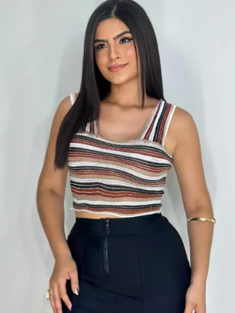 Cropped Top Feminino de Trico Modal com Lurex