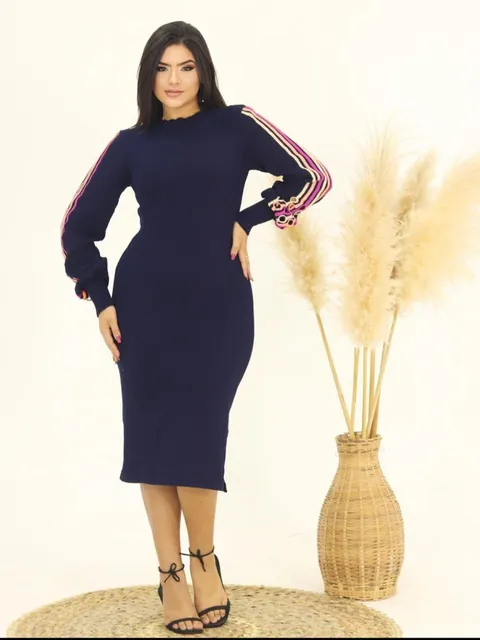Vestido Trico Midi Manga Longa Detalhado Despojado