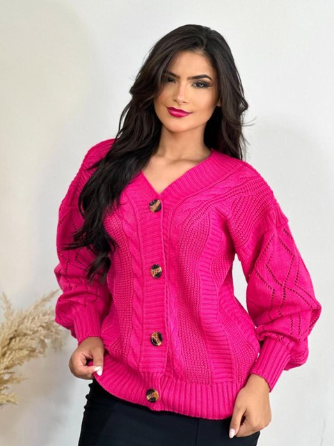 Suéter Blusa Cardigan Manga Longa Tricot com Botão