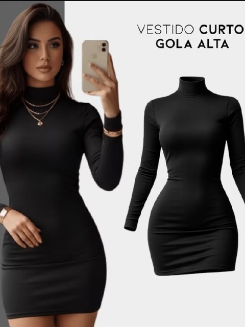 Vestido curto manga longa e gola alta