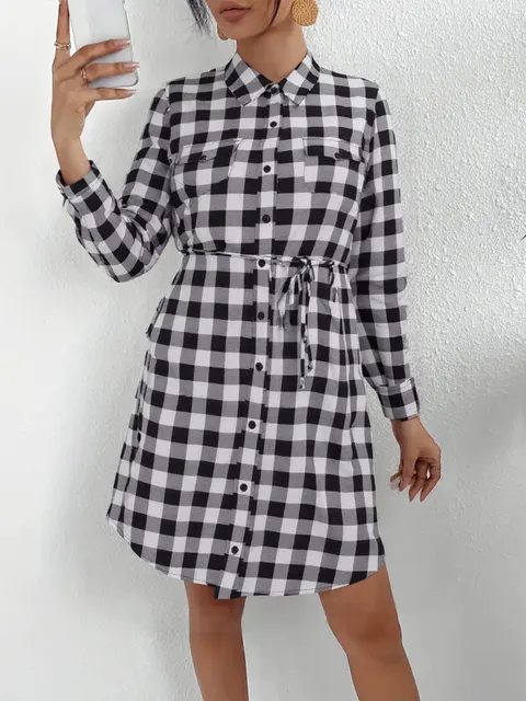 Chemise Xadrez Curto Botões Cinto Moda Outono Inverno C2205
