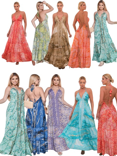 Kit 10 Vestidos Longos Seda Indiana Costa Nua