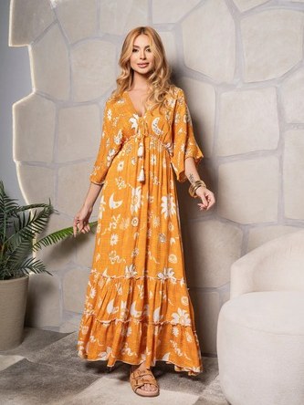 Vestido Longo Estilo Boêmio Estampa Retrô de Lua e Estrela