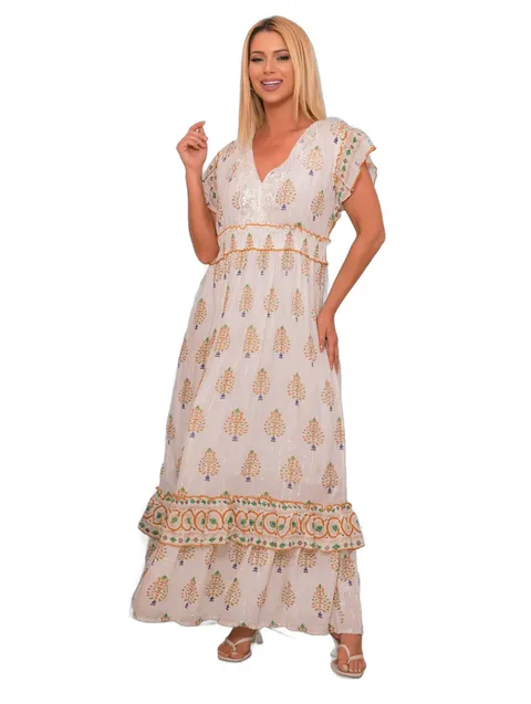 Vestido Longo Indiano Lurex Estampado Boho