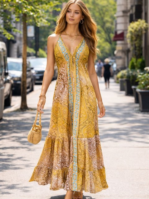 Vestido Longo Indiano Costa Nua Elegante Frente Unico