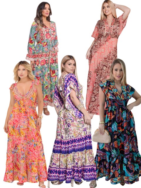 Kit 5 Vestidos Longos de Seda Indiana Modelos Variados