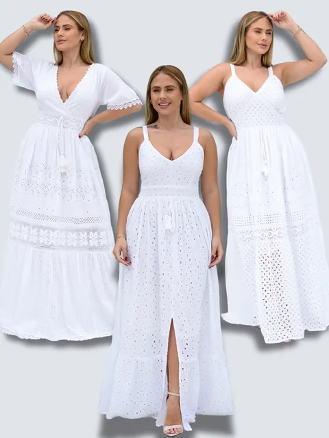 KIT 3 VESTIDOS BRANCO REVEILLON ALGODÃO