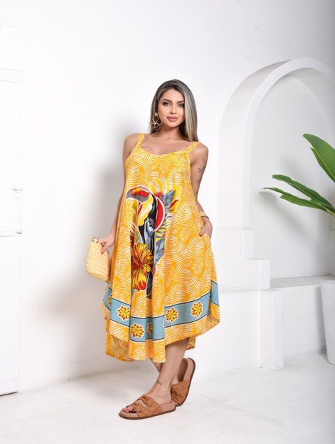 Vestido Curto Trapézio Alça Estampado Tucano