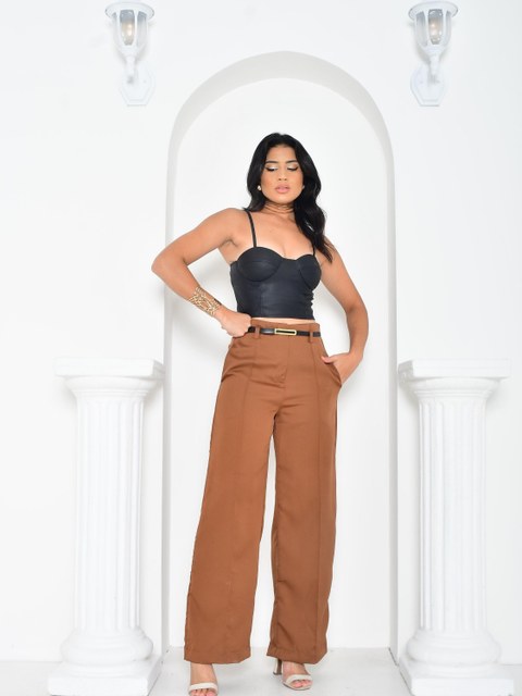 Calça pantalona feminina alfaiataria com cinto