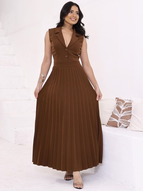 Vestido feminino  longo plissado tecido alfaiataria