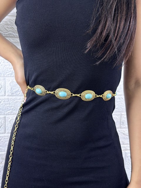 Cinto de Corrente Feminino de Metal com pedra Azul Turqueza
