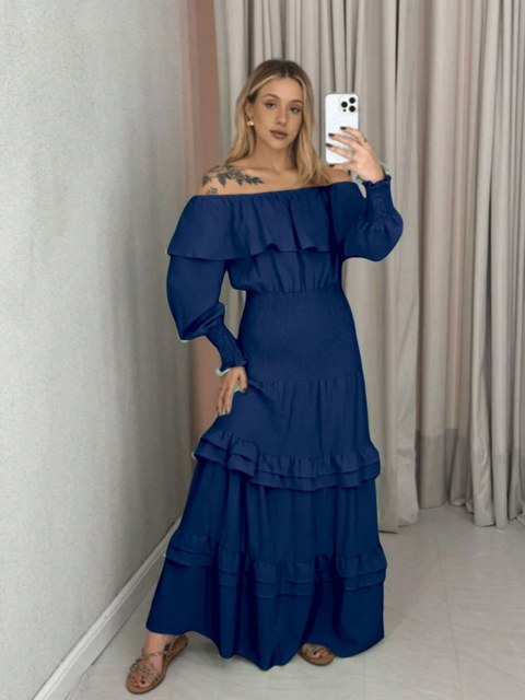 Vestido Longo Ombro a Ombro Manga Longa Lastex