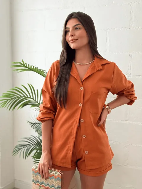 Conjunto Feminino Linho Manga LONGA Shorts e Camisa