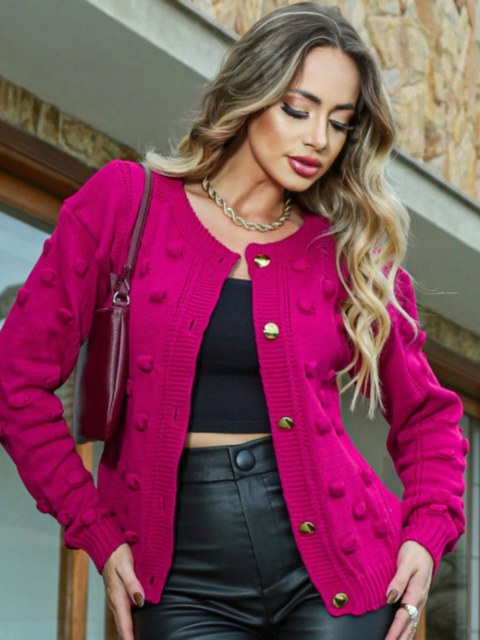 Casaco Feminino Pom pom Tricot Botões