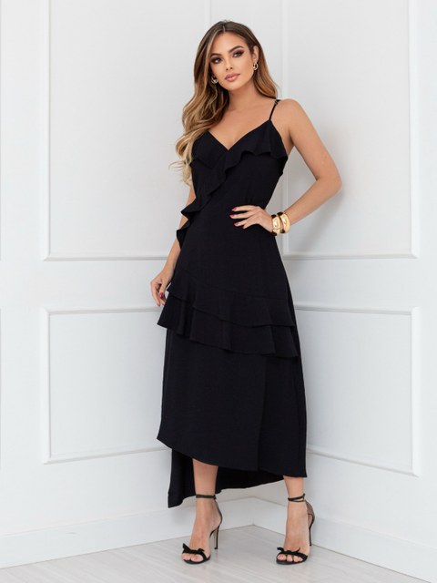 Vestido longo feminino alças finas babado elegante