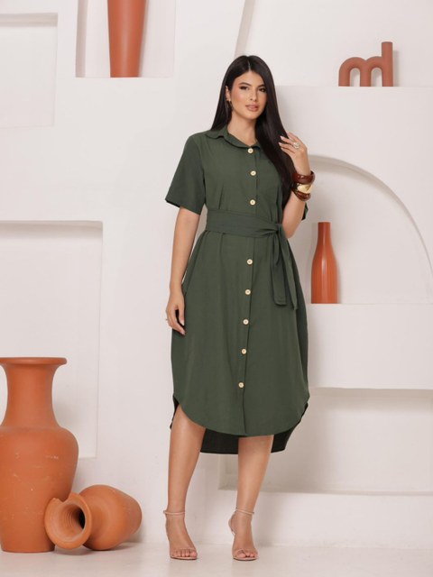 Vestido Feminino  Longo Com Botões Utilitarios