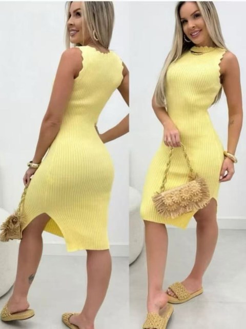 Vestido Midi Canelado Modal Feminino Sem Mangas com Fenda