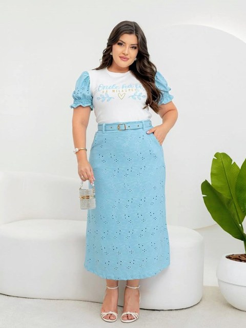 Conjunto saia feminino manga princesa P/M/G/GG/G3