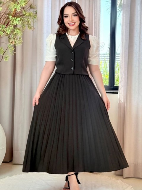 Conjunto fem colete + saia plissada em alfaiataria P/GG