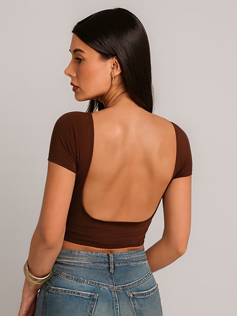 Blusa Cropped com Costas Nua Romantic Toque de poliamida