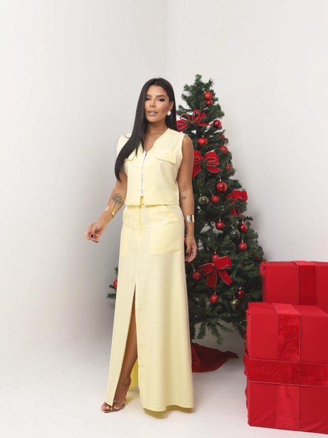 Conjunto Esmeralda Colete Saia Midi