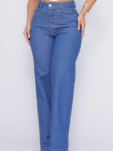 Calça Jeans Feminina Wideleg Azul Médio Cintura Alta