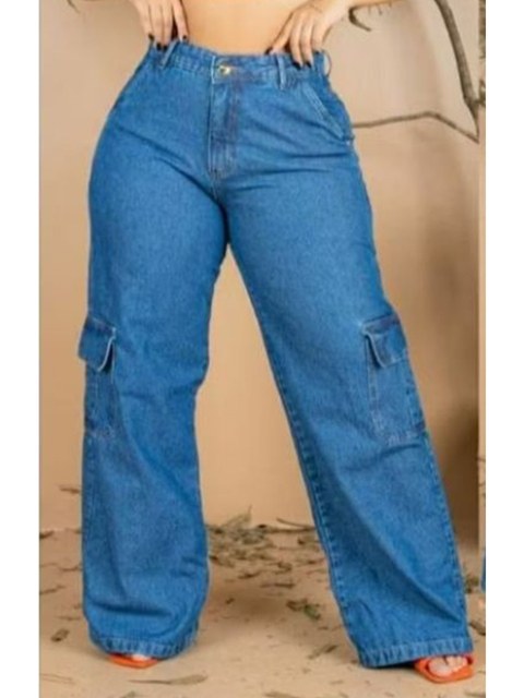 Calça Jeans Cargo Feminina Azul Claro Cintura Alta Plus Size