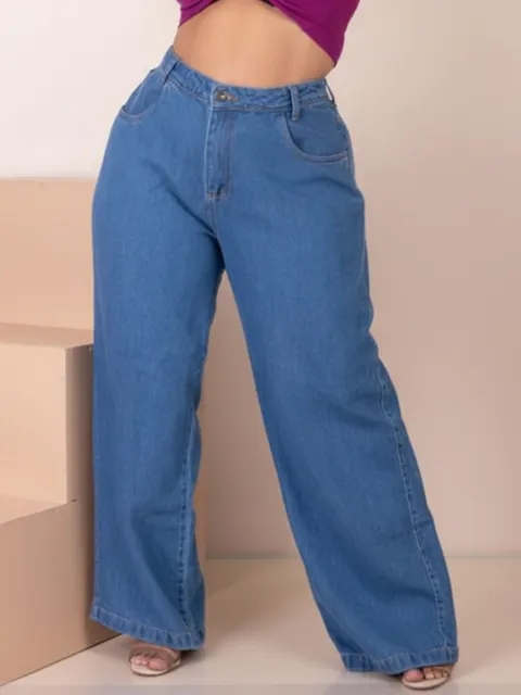 Calça Jeans Feminina Azul Plus Size Cintura Alta Wideleg
