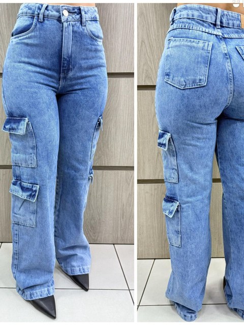 Calça Jeans Feminina Cargo 4 Bolsos Cintura Alta Azul