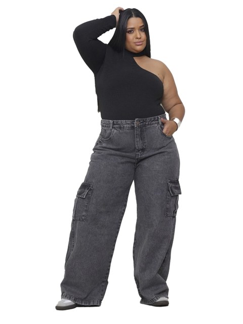 Calça Jeans Feminina Cargo Plus Size Cintura Alta