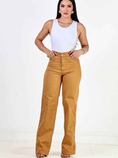 Calça Jeans Feminina Caramelo Wideleg Cintura Alta