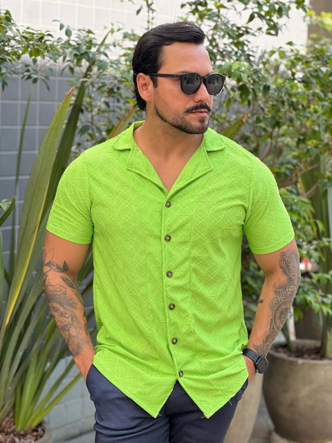 Camisa de Linho Rendada com Elastano Verde