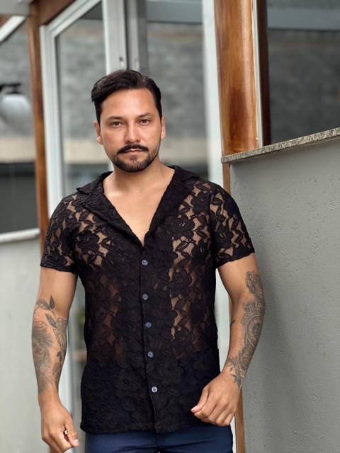 Camisa de Renda Preta Slim Exalt Urban