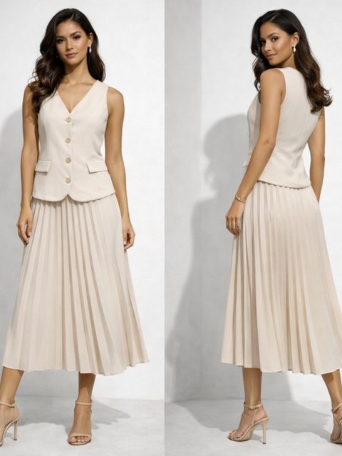 Conjunto colete e saia Plissada mídi alfaiataria