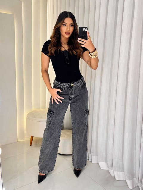 Calça Jeans Cargo Wide Leg – Cinza Estonada