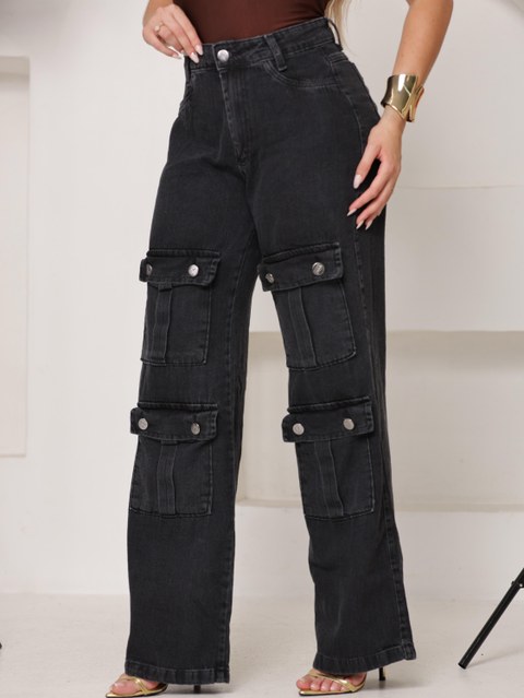 Calça Jeans Cargo Wide Leg Premium grafite cargo 4 bolsos