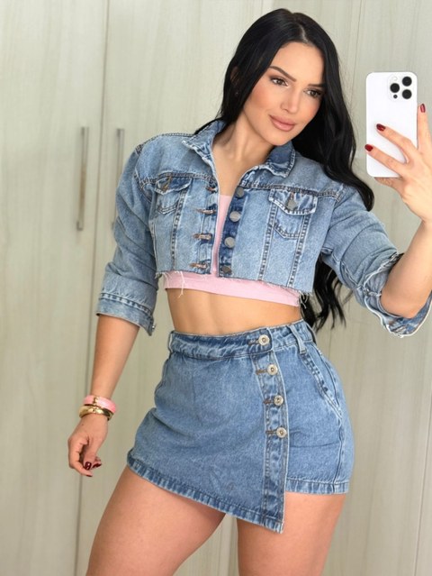 Short saia jeans feminino e jaqueta jeans curta cropped