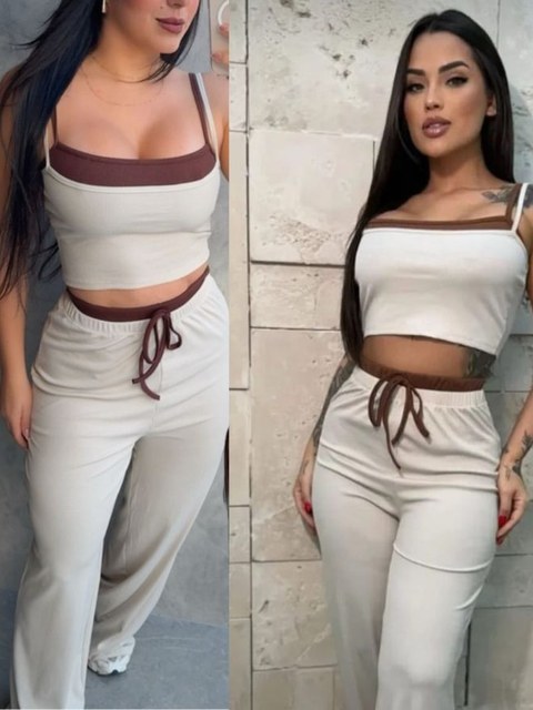 Conjunto feminino bicolor calça e cropped ribaninha