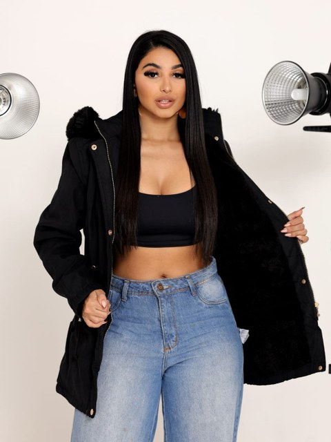 Jaqueta Parka feminino de Sarja Forrada Peluciada