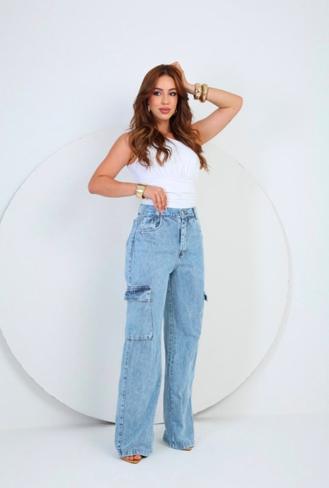 Calça Wid Leg Cargo Marmorizado Jeans Feminina Bolso Na Lateral