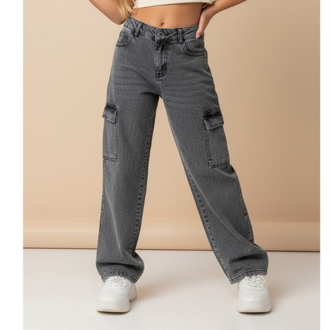 Calça Wid Leg Cargo Juvenil Grafite Infantil Jeans Feminina
